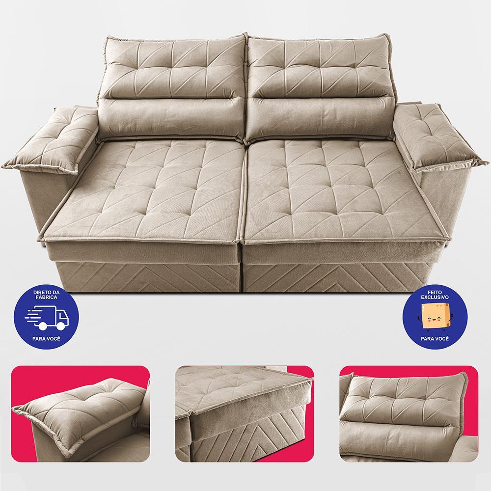 Sofá Retrátil e Reclinável 2,10m com Molas e Espuma D33 Thunder Velusoft Bege Cama inBox - 5