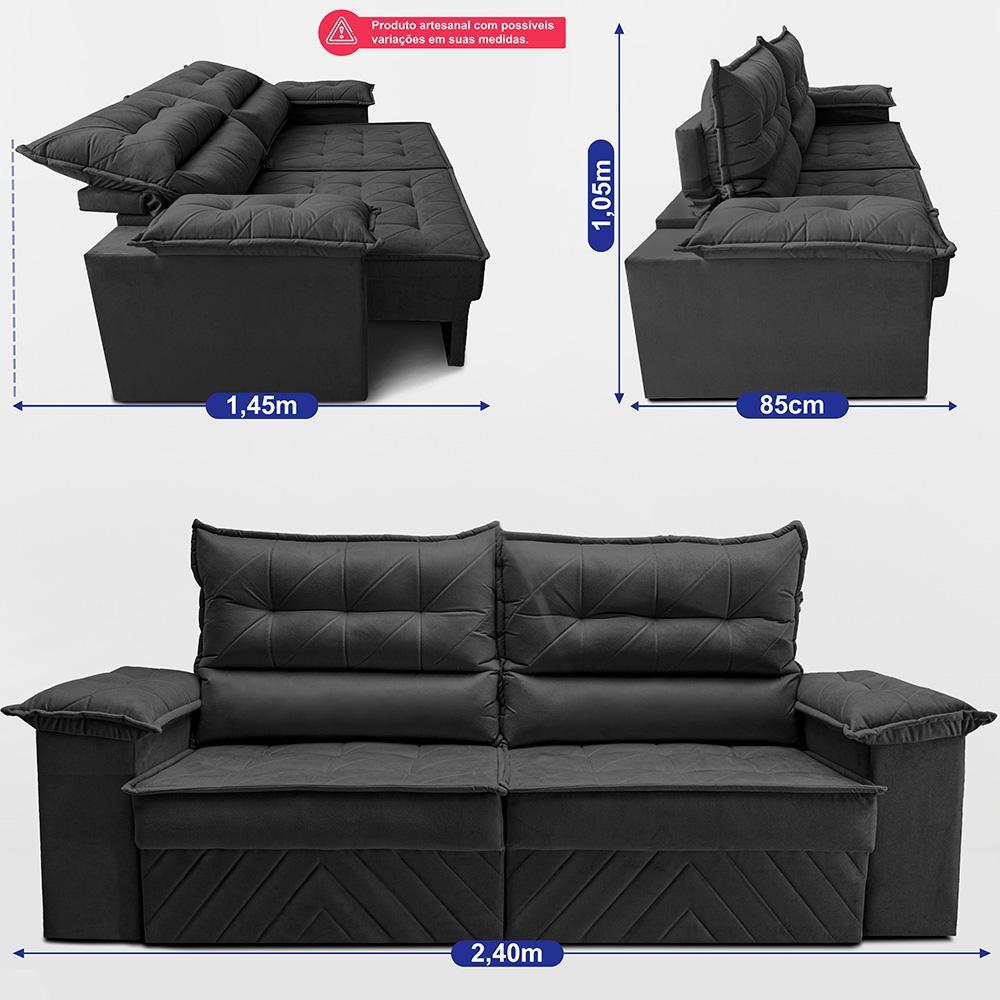 Sofá Retrátil e Reclinável 2,40m com Molas e Espuma D33 Thunder Velusoft Preto Cama inBox - 3