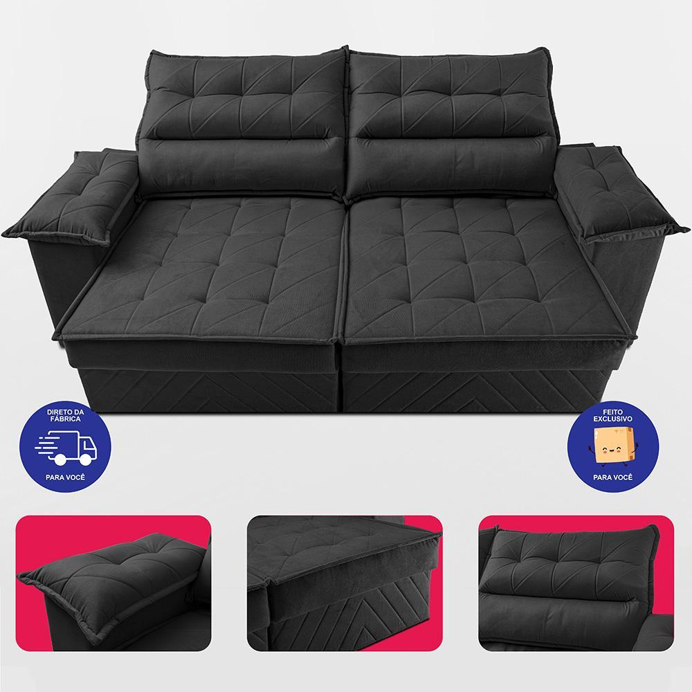Sofá Retrátil e Reclinável 2,40m com Molas e Espuma D33 Thunder Velusoft Preto Cama inBox - 5