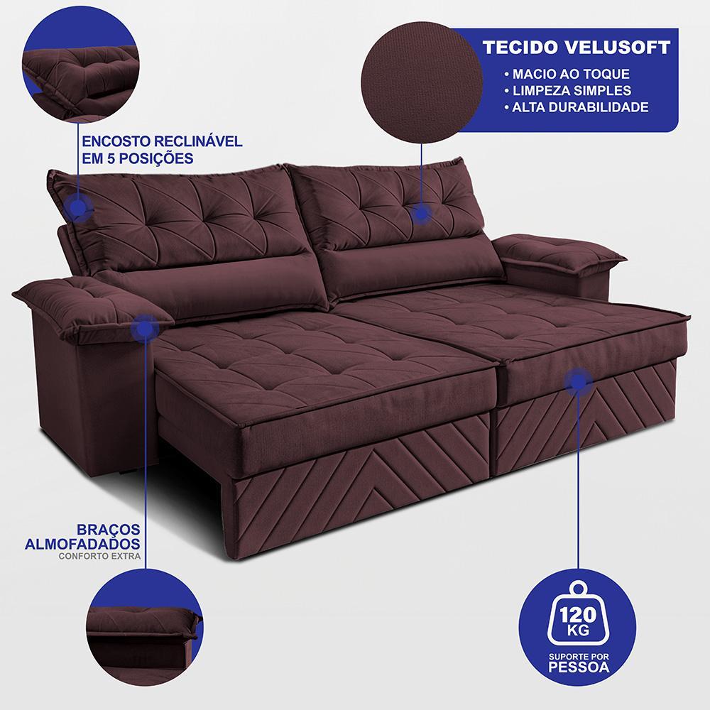 Sofá Retrátil e Reclinável 2,40m com Molas e Espuma D33 Thunder Velusoft Vinho Cama inBox - 2