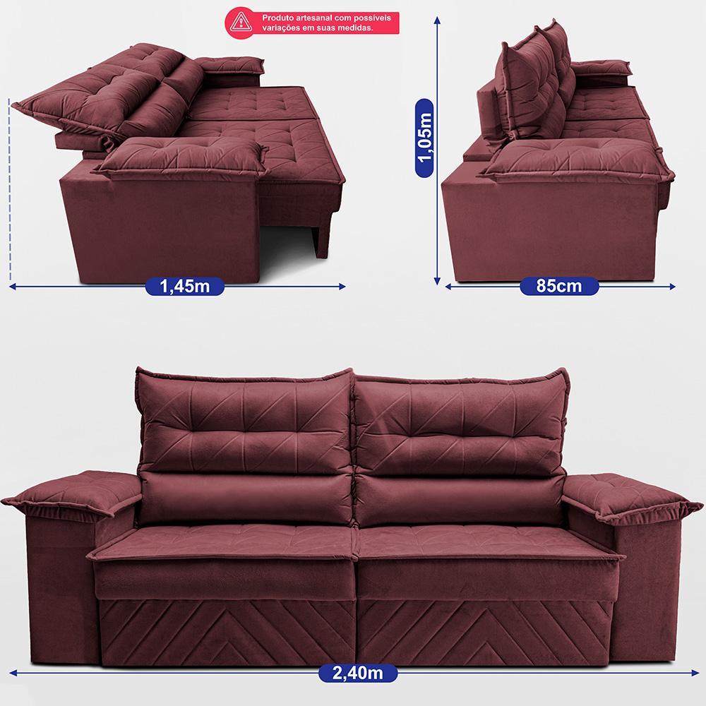 Sofá Retrátil e Reclinável 2,40m com Molas e Espuma D33 Thunder Velusoft Vinho Cama inBox - 3