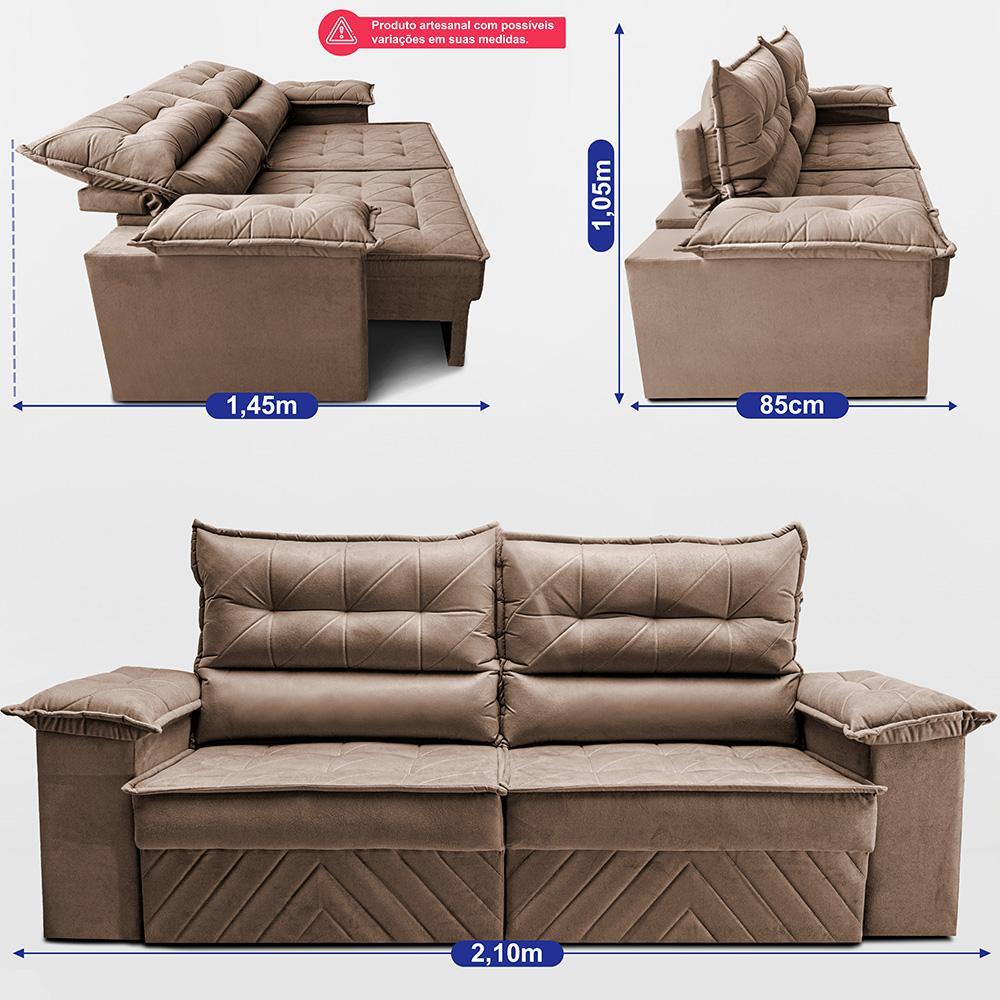 Sofá Retrátil e Reclinável 2,10m com Molas e Espuma D33 Thunder Velusoft Castor Cama inBox - 3