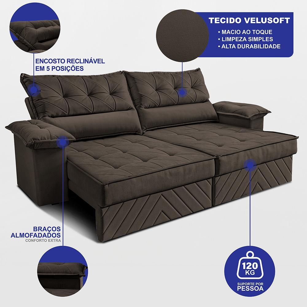 Sofá Retrátil e Reclinável 2,10m com Molas e Espuma D33 Thunder Velusoft Café Cama inBox - 2