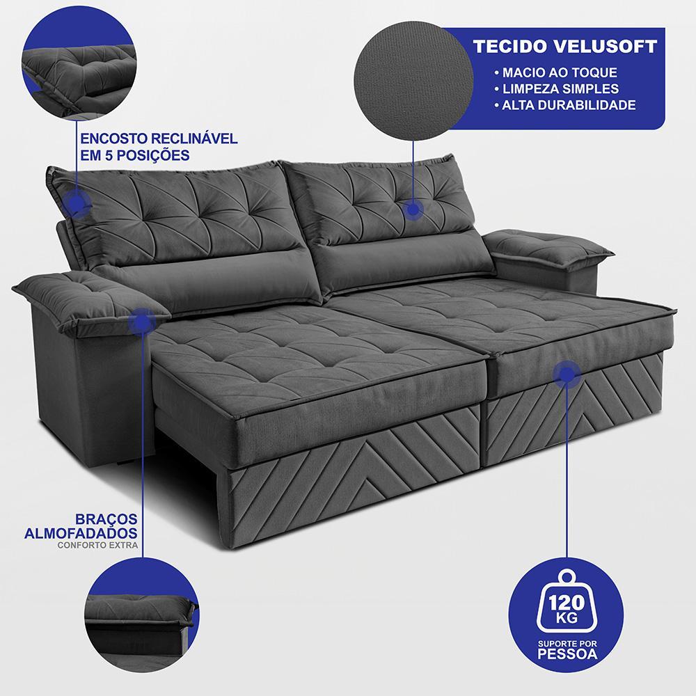 Sofá Retrátil e Reclinável 2,40m com Molas e Espuma D33 Thunder Velusoft Cinza Cama inBox - 2