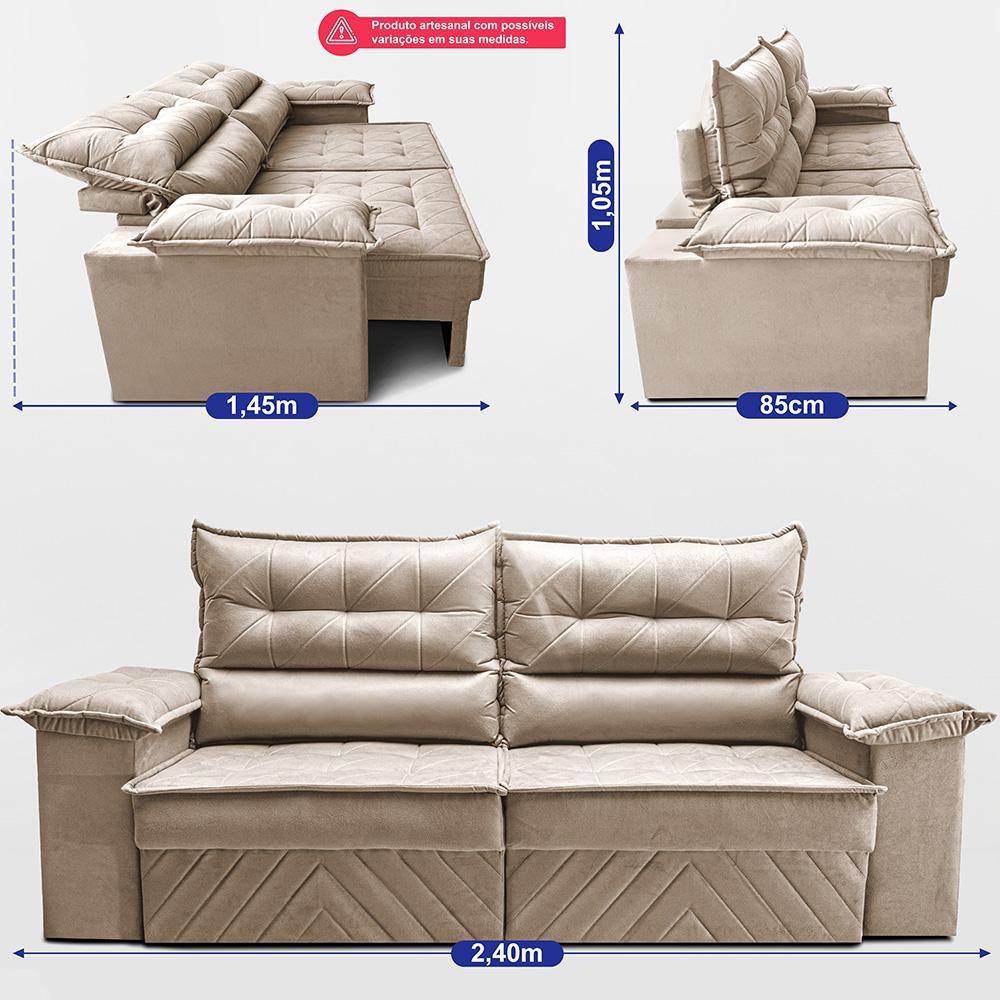 Sofá Retrátil e Reclinável 2,40m com Molas e Espuma D33 Thunder Velusoft Bege Cama inBox - 3