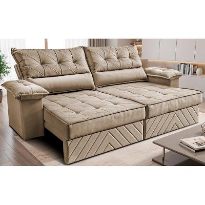 Sofá Retrátil e Reclinável 2,40m com Molas e Espuma D33 Thunder Velusoft Bege Cama inBox