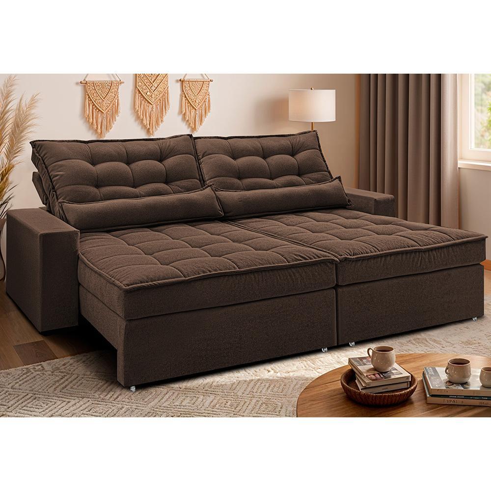 Sofá Retrátil e Reclinável 2,92m Molas Ensacadas Belle Boucle Marrom Cama inBox - 1