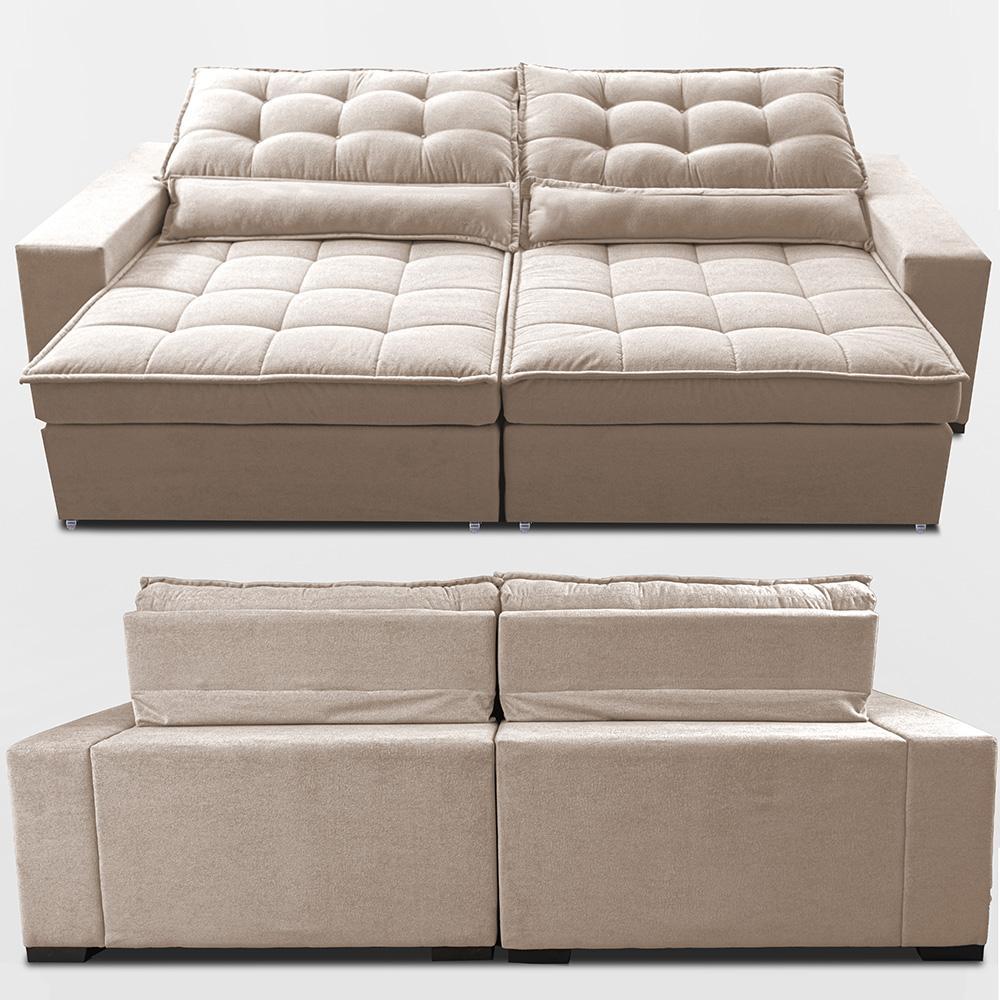 Sofá Retrátil e Reclinável 2,52m Molas Ensacadas Belle Boucle Bege Claro Cama inBox - 6
