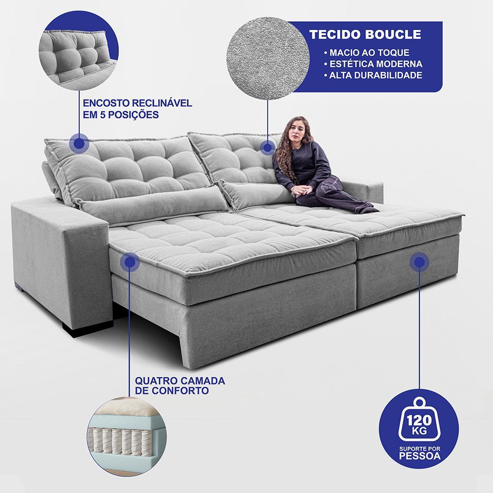 Sofá Retrátil e Reclinável 2,72m Molas Ensacadas Belle Boucle Cinza Claro Cama inBox - 3