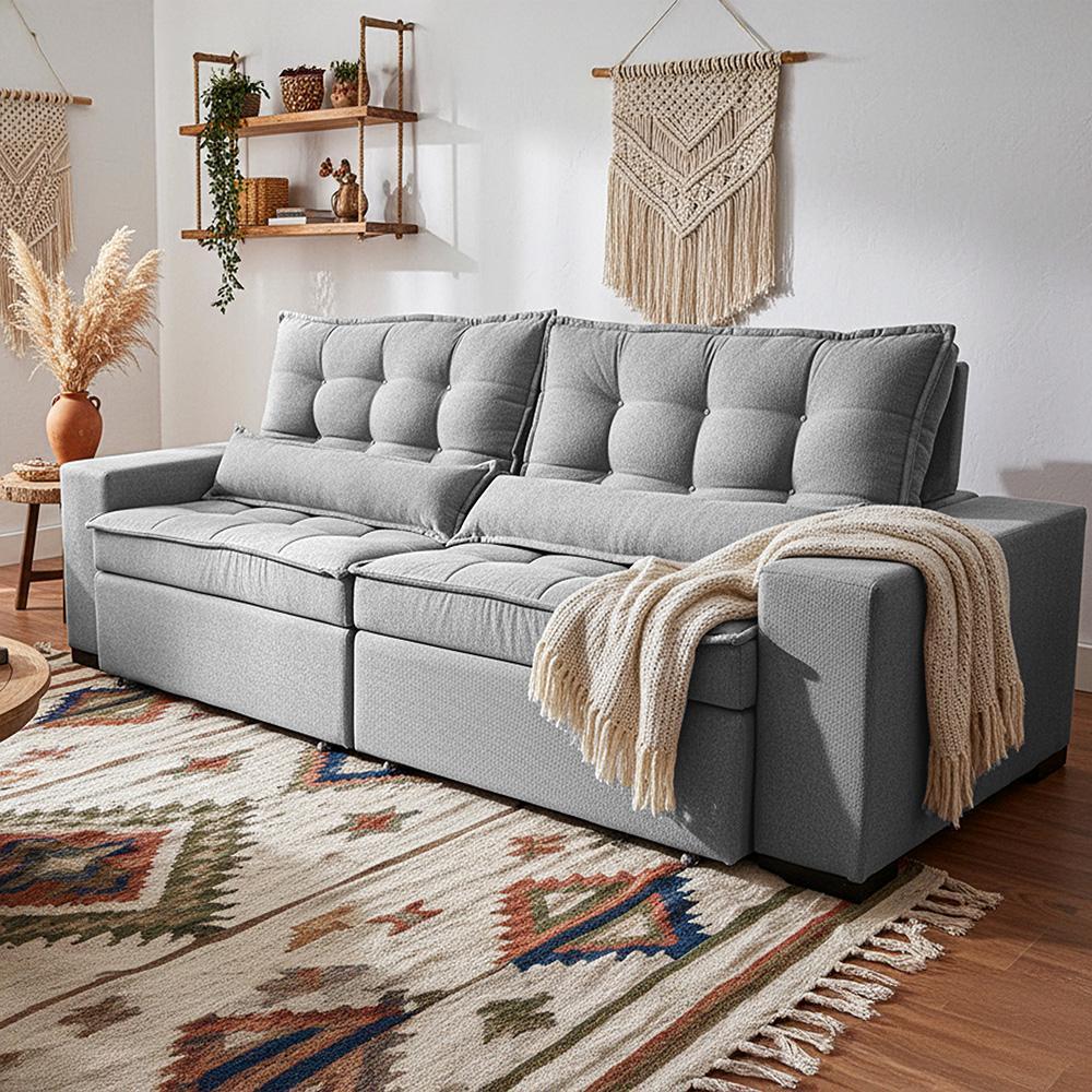Sofá Retrátil e Reclinável 2,12m Molas Ensacadas Belle Boucle Cinza Claro Cama inBox - 5