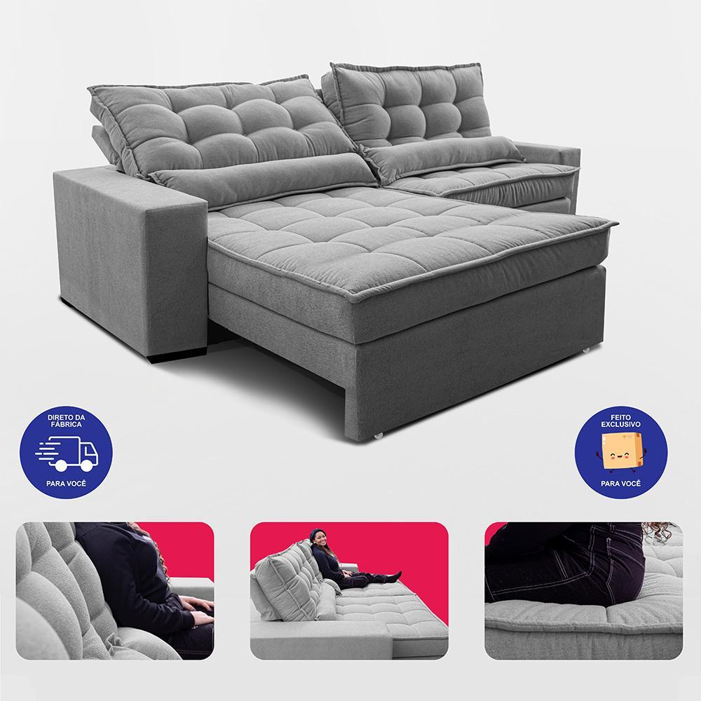Sofá Retrátil e Reclinável 2,12m Molas Ensacadas Belle Boucle Cinza Claro Cama inBox - 7