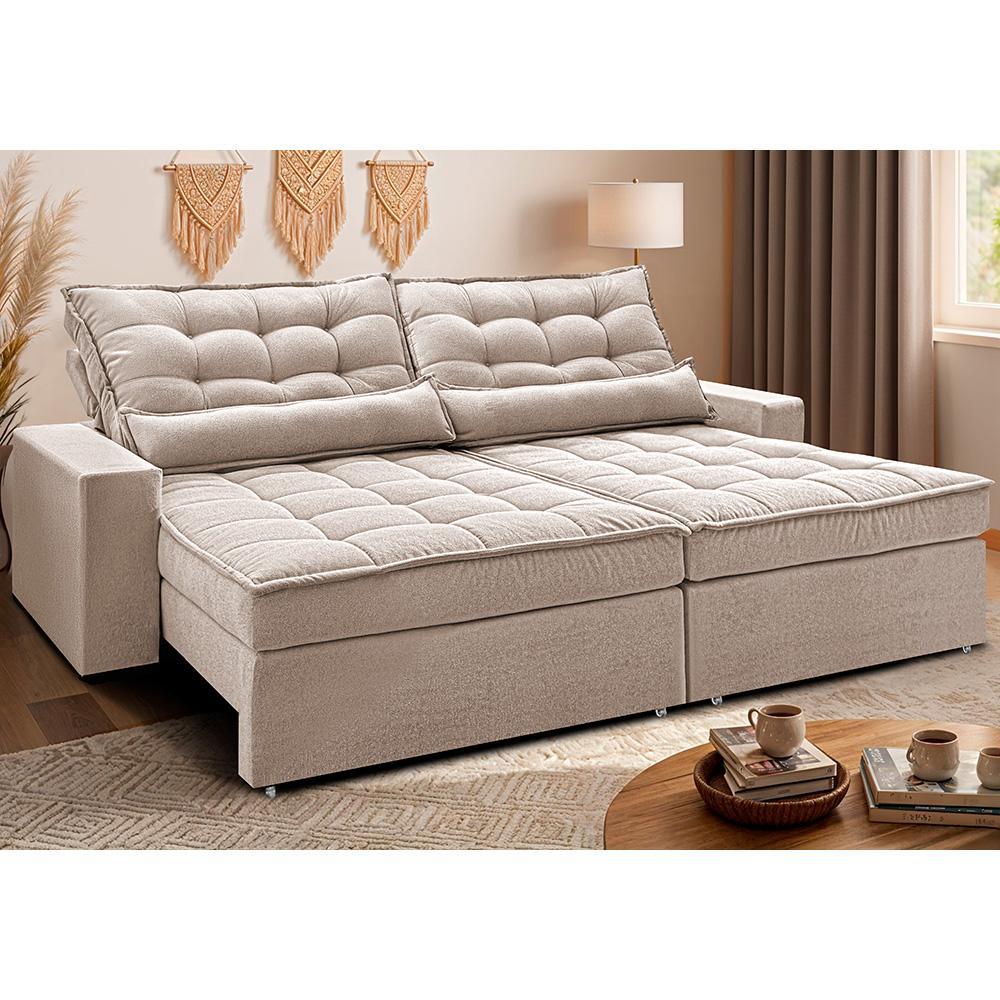 Sofá Retrátil e Reclinável 2,92m Molas Ensacadas Belle Boucle Bege Claro Cama inBox - 1