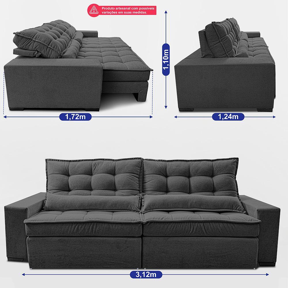 Sofá Retrátil e Reclinável 3,12m Molas Ensacadas Belle Boucle Cinza Escuro Cama inBox - 4