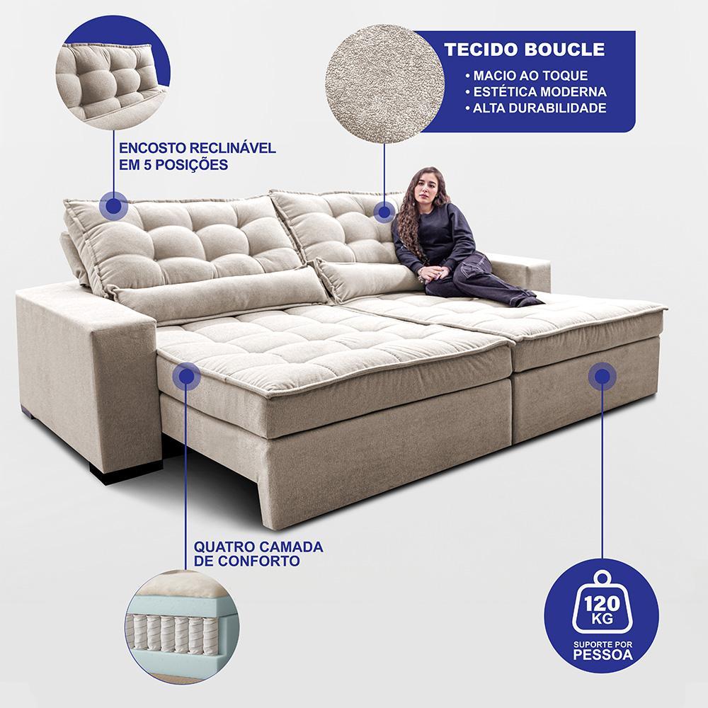 Sofá Retrátil e Reclinável 2,72m Molas Ensacadas Belle Boucle Bege Claro Cama inBox - 3