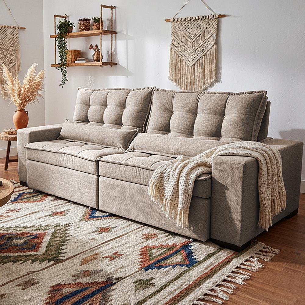 Sofá Retrátil e Reclinável 2,72m Molas Ensacadas Belle Boucle Bege Claro Cama inBox - 5