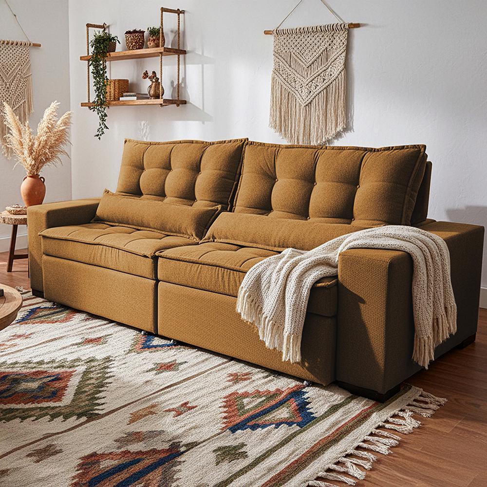 Sofá Retrátil e Reclinável 2,52m Molas Ensacadas Belle Boucle Caramelo Cama inBox - 5