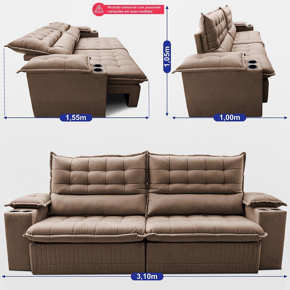 Sofá Retrátil e Reclinável 3,10m Molas Ensacadas Dream Velusoft Castor Cama inBox - 3