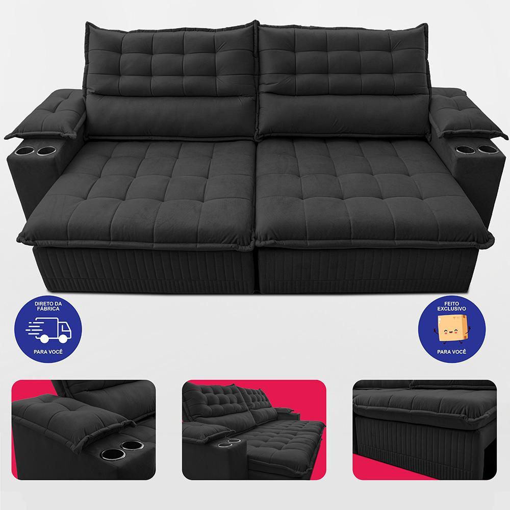 Sofá Retrátil e Reclinável 3,10m Molas Ensacadas Dream Velusoft Preto Cama inBox - 5
