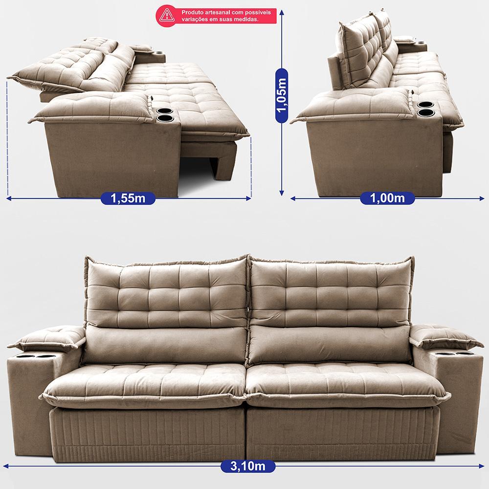 Sofá Retrátil e Reclinável 3,10m Molas Ensacadas Dream Velusoft Bege Cama inBox - 3