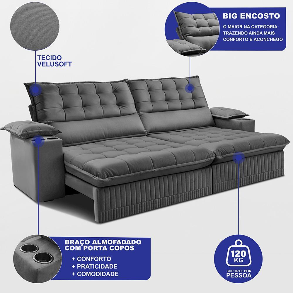 Sofá Retrátil e Reclinável 2,80m Molas Ensacadas Dream Velusoft Cinza Cama inBox - 2