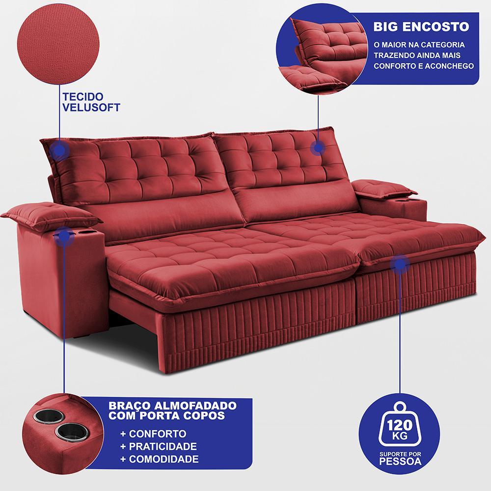 Sofá Retrátil e Reclinável 3,10m Molas Ensacadas Dream Velusoft Vermelho Cama inBox - 2