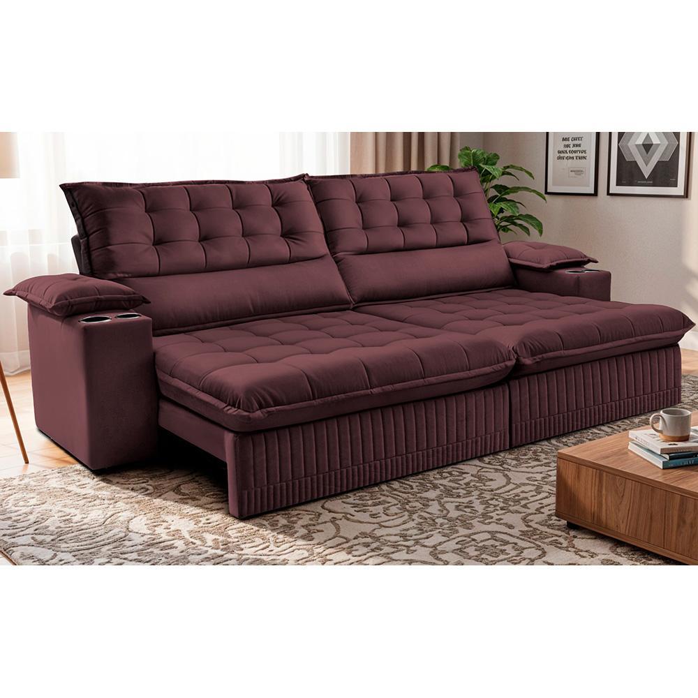 Sofá Retrátil e Reclinável 2,80m Molas Ensacadas Dream Velusoft Vinho Cama inBox - 1