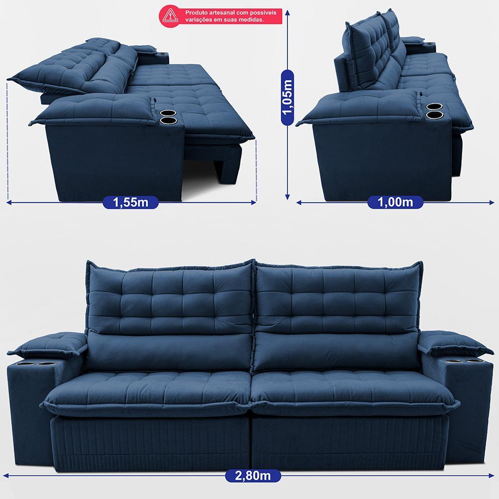 Sofá Retrátil e Reclinável 2,80m Molas Ensacadas Dream Velusoft Azul Cama inBox - 3