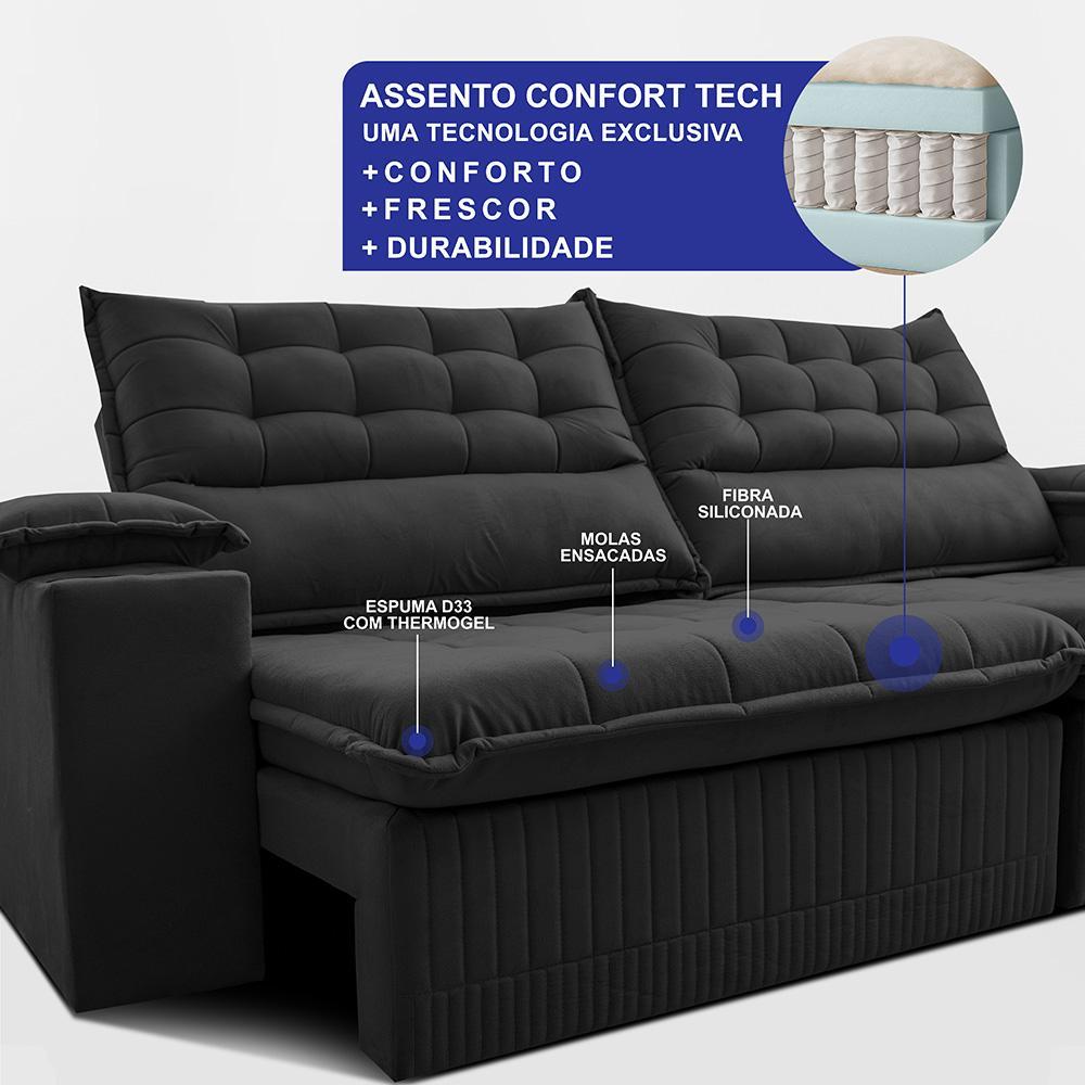 Sofá Retrátil e Reclinável 2,40m Molas Ensacadas Dream Velusoft Preto Cama inBox - 4