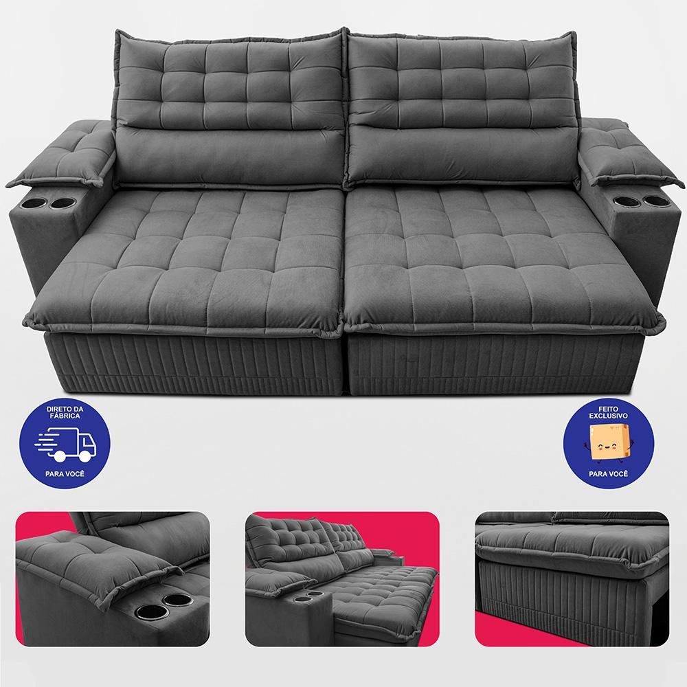 Sofá Retrátil e Reclinável 2,60m Molas Ensacadas Dream Velusoft Cinza Cama inBox - 5