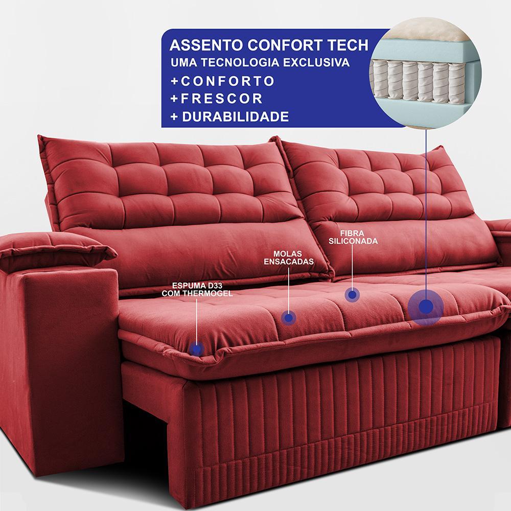 Sofá Retrátil e Reclinável 2,60m Molas Ensacadas Dream Velusoft Vermelho Cama inBox - 4