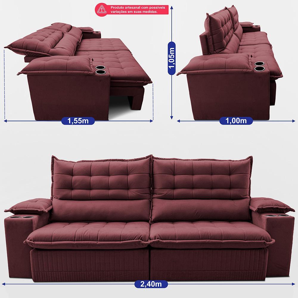 Sofá Retrátil e Reclinável 2,40m Molas Ensacadas Dream Velusoft Vinho Cama inBox - 3