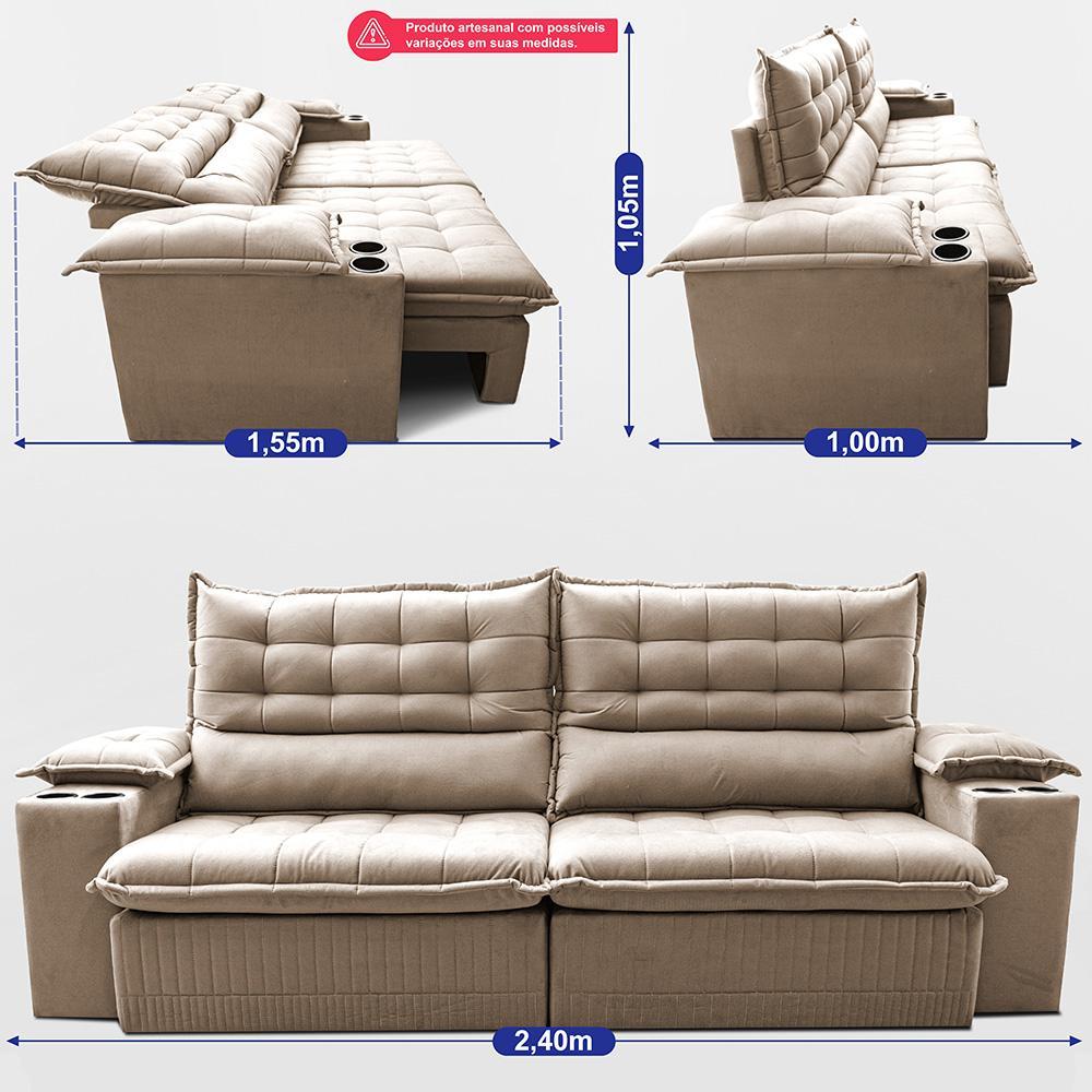 Sofá Retrátil e Reclinável 2,40m Molas Ensacadas Dream Velusoft Bege Cama inBox - 3