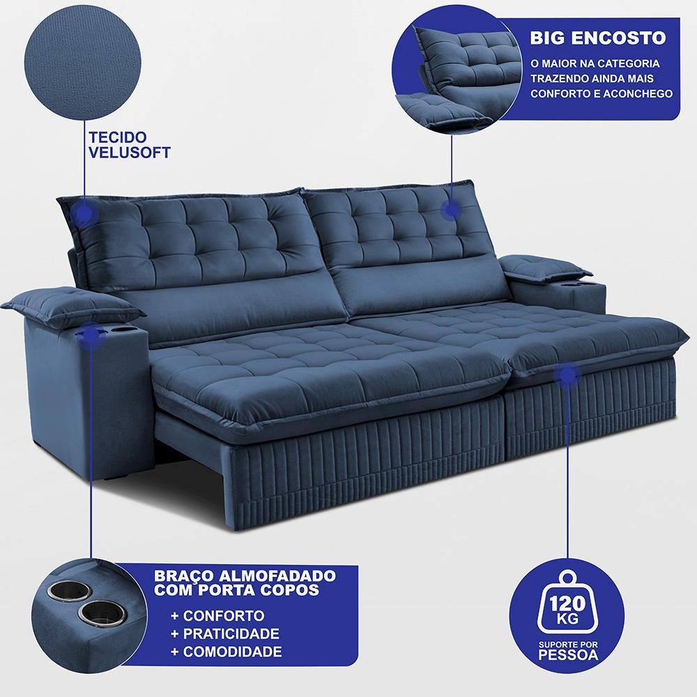 Sofá Retrátil e Reclinável 2,40m Molas Ensacadas Dream Velusoft Azul Cama inBox - 2