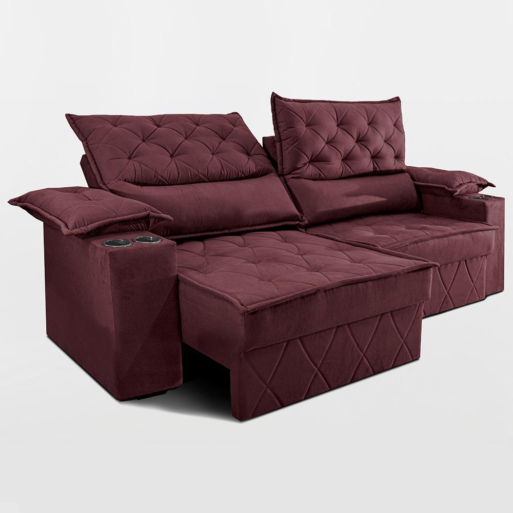 Sofá Retrátil e Reclinável 2,40m com Porta Copos e Molas Cosmos Velusoft Vinho Cama inBox - 6