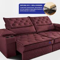 Sofá Retrátil e Reclinável 2,40m com Porta Copos e Molas Cosmos Velusoft Vinho Cama inBox