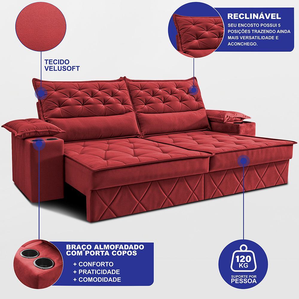 Sofá Retrátil e Reclinável 2,40m com Porta Copos e Molas Cosmos Velusoft Vermelho Cama inBox - 2