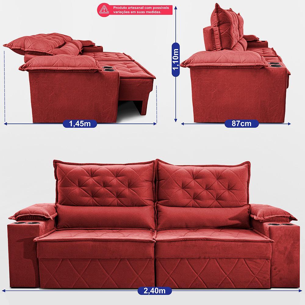 Sofá Retrátil e Reclinável 2,40m com Porta Copos e Molas Cosmos Velusoft Vermelho Cama inBox - 3