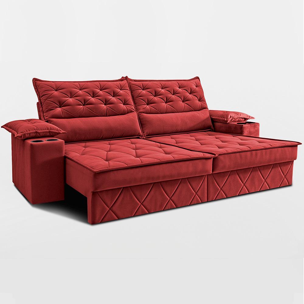 Sofá Retrátil e Reclinável 2,40m com Porta Copos e Molas Cosmos Velusoft Vermelho Cama inBox - 8