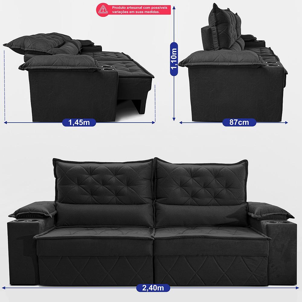 Sofá Retrátil e Reclinável 2,40m com Porta Copos e Molas Cosmos Velusoft Preto Cama inBox - 3