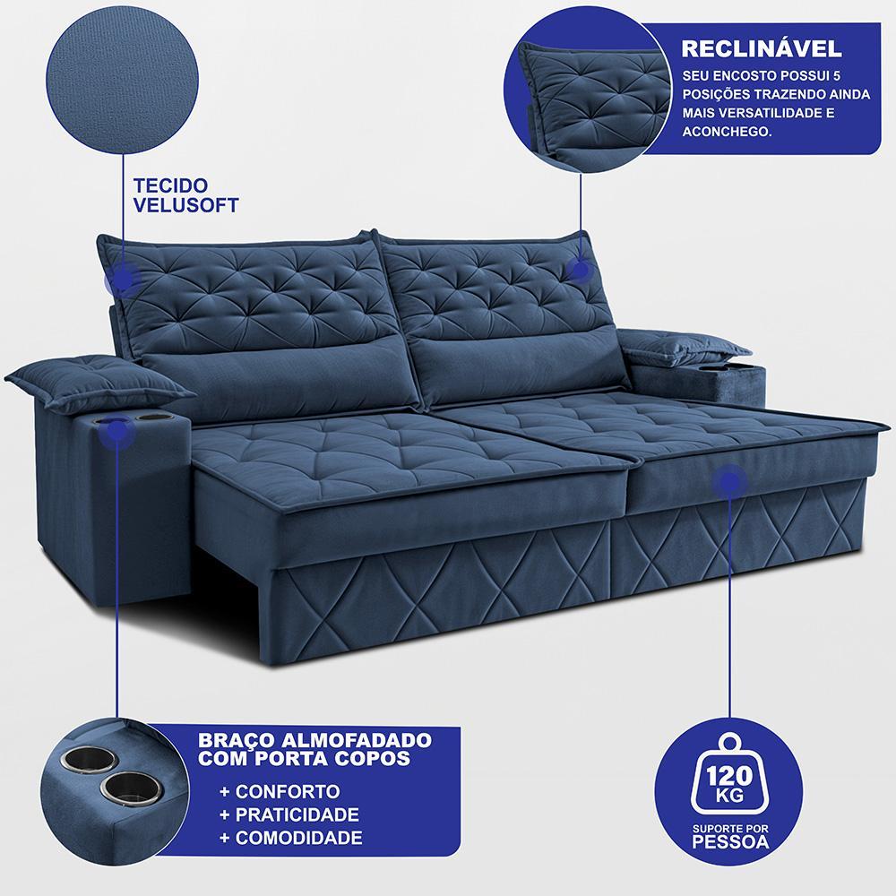 Sofá Retrátil e Reclinável 2,40m com Porta Copos e Molas Cosmos Velusoft Azul Cama inBox - 2
