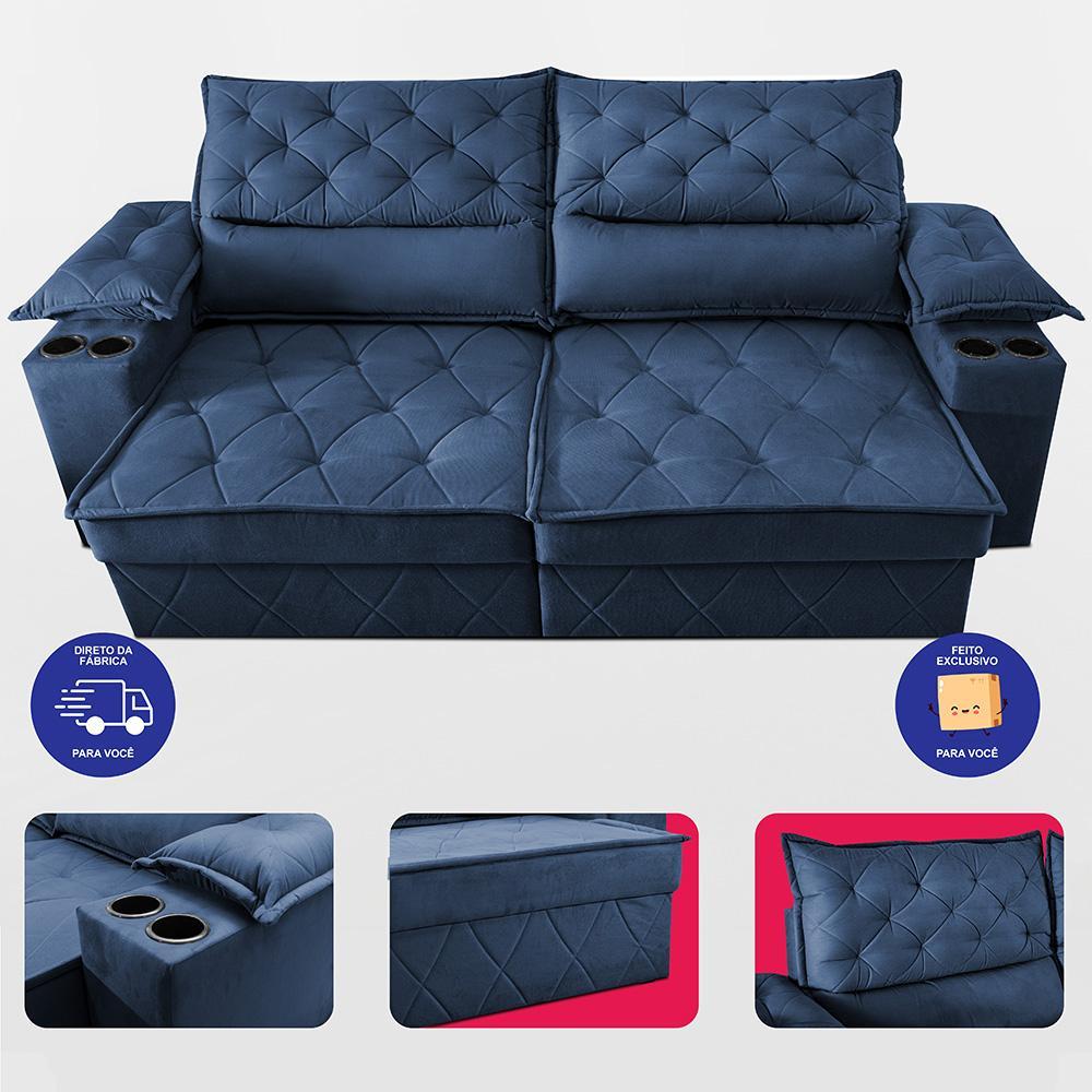 Sofá Retrátil e Reclinável 2,40m com Porta Copos e Molas Cosmos Velusoft Azul Cama inBox - 5