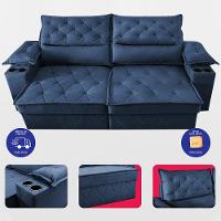 Sofá Retrátil e Reclinável 2,40m com Porta Copos e Molas Cosmos Velusoft Azul Cama inBox - 5