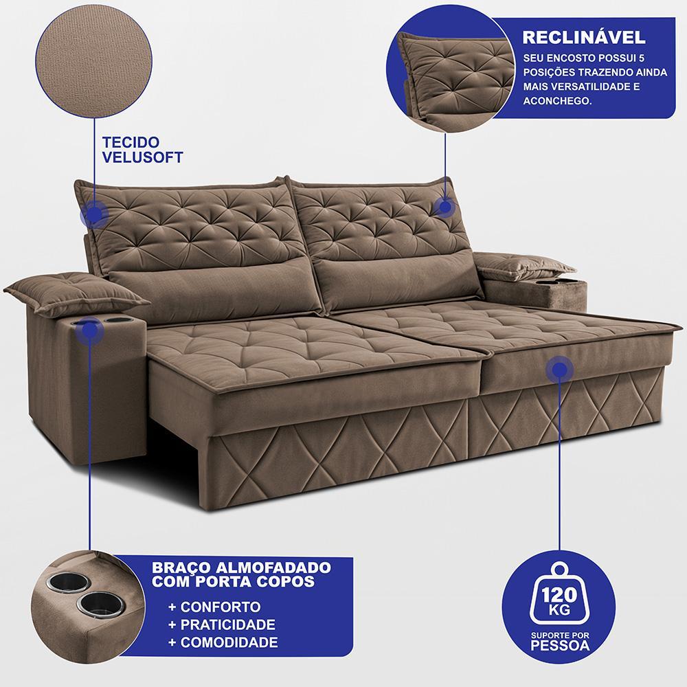 Sofá Retrátil e Reclinável 2,40m com Porta Copos e Molas Cosmos Velusoft Castor Cama inBox - 2