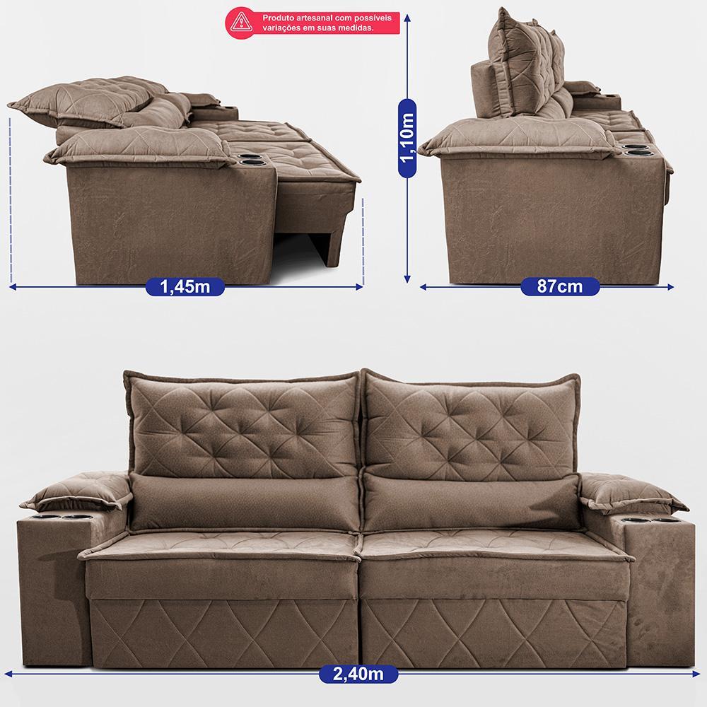 Sofá Retrátil e Reclinável 2,40m com Porta Copos e Molas Cosmos Velusoft Castor Cama inBox - 3