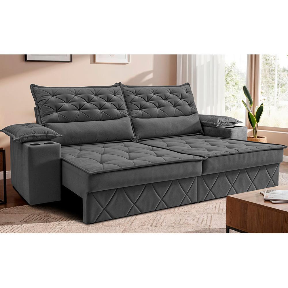 Sofá Retrátil e Reclinável 2,40m com Porta Copos e Molas Cosmos Velusoft Cinza Cama inBox - 1