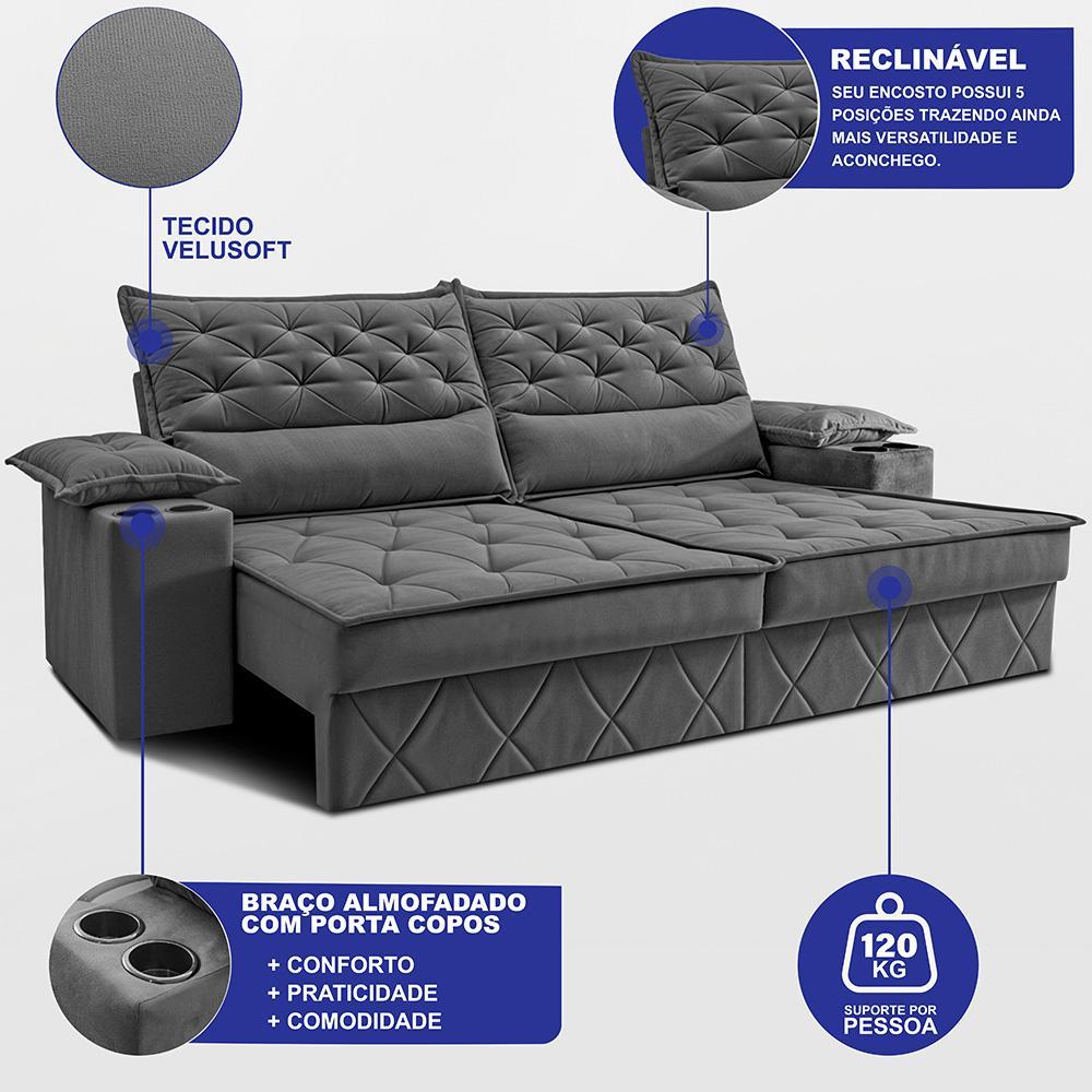 Sofá Retrátil e Reclinável 2,40m com Porta Copos e Molas Cosmos Velusoft Cinza Cama inBox - 2