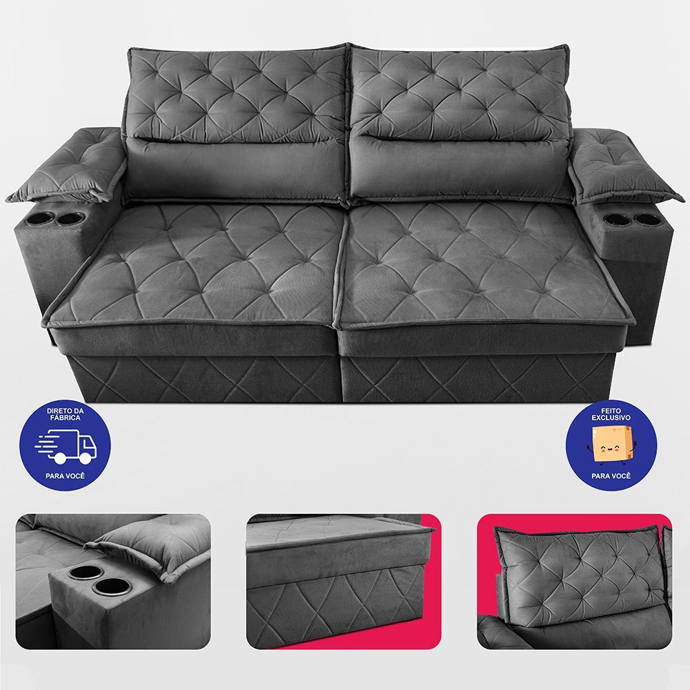 Sofá Retrátil e Reclinável 2,40m com Porta Copos e Molas Cosmos Velusoft Cinza Cama inBox - 5