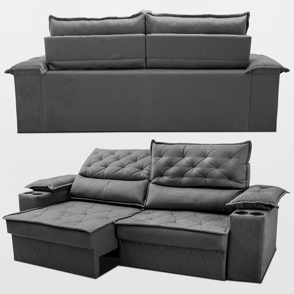 Sofá Retrátil e Reclinável 2,40m com Porta Copos e Molas Cosmos Velusoft Cinza Cama inBox - 7