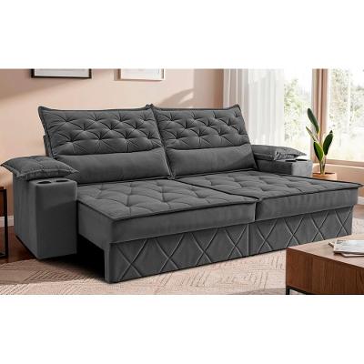 Sofá Retrátil e Reclinável 2,40m com Porta Copos e Molas Cosmos Velusoft Cinza Cama inBox
