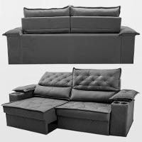 Sofá Retrátil e Reclinável 2,40m com Porta Copos e Molas Cosmos Velusoft Cinza Cama inBox - 7